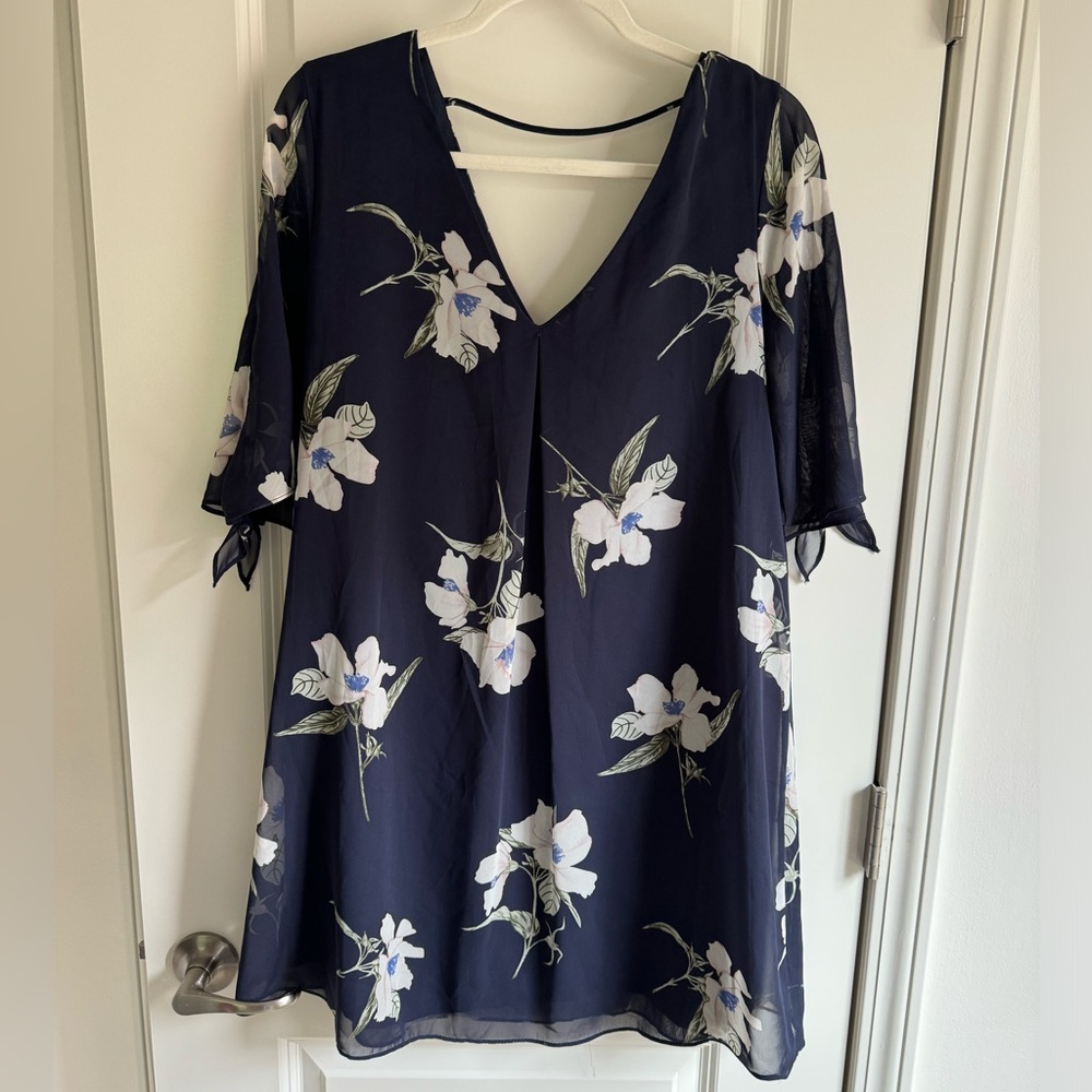 Women’s Navy Flutter Sleeve Dress with Floral detailing